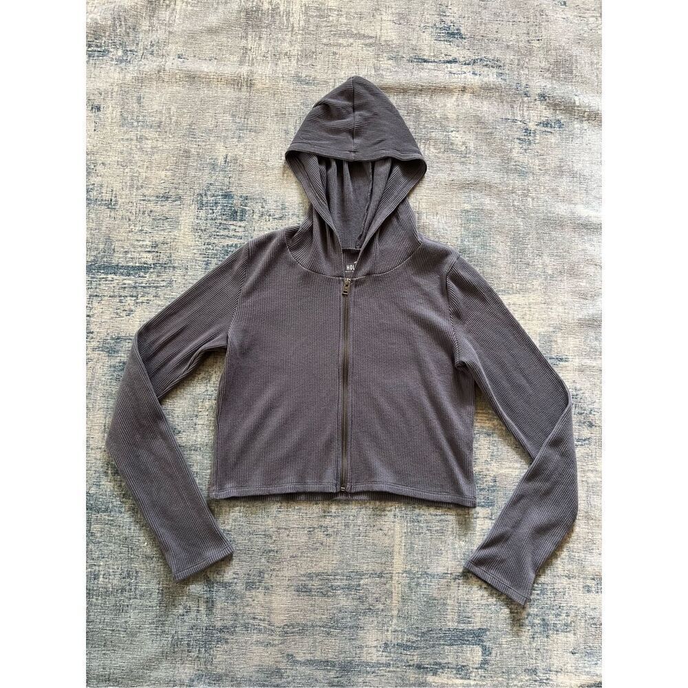 Hollister Slate Blue Gray Waffle Knit Cropped Full Zip Hoodie Women's Medium